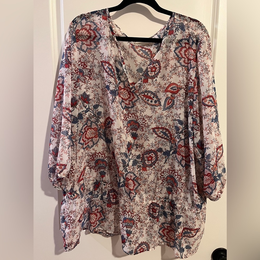 CHICO’S Red, White, Blue Peasant Peplum Top Size 4/XL